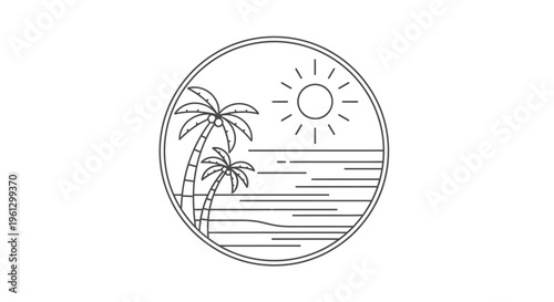 Circular Line Art Beach Logo with Palm Trees, Sun, and Ocean Waves, isolated white background