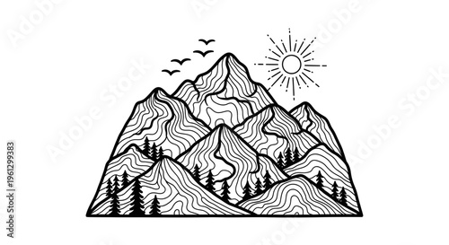 Detailed Line Art Mountain Landscape with Sun, Pine Trees, and Flying Birds, isolated white background