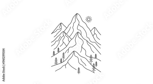 Minimalist Line Art Mountain Landscape with Sun and Pine Trees, isolated white background
