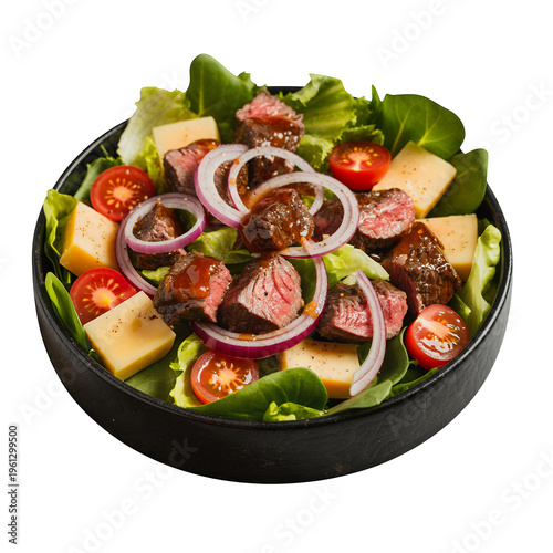 Salad with steak lettuce tomatoes and red onion isolated on a transparent background