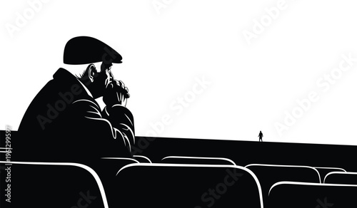 Silhouette of a man sitting alone in a row of empty seats looking down