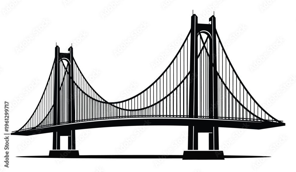 Fototapeta premium Silhouette of a suspension bridge with two towers and cables