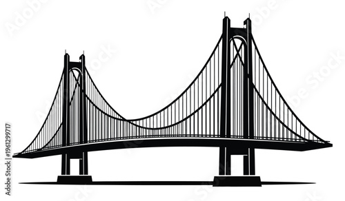Silhouette of a suspension bridge with two towers and cables