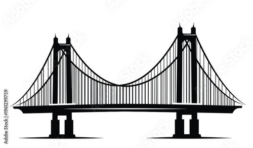 Silhouette of a suspension bridge with cables and towers on a white background