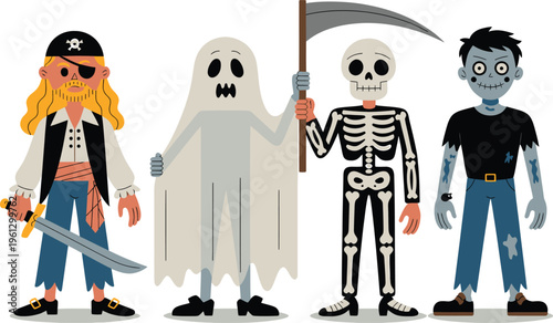 Group of halloween characters: pirate, ghost, skeleton grim reaper, zombie, ready for trick or treat