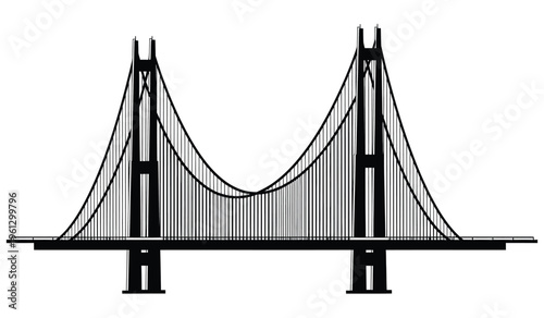 Silhouette of a suspension bridge with two towers and cables