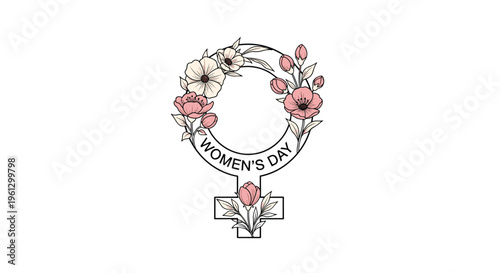 Women's Day illustration features a female gender symbol adorned with delicate pink flowers and leaves in a soft and feminine floral design.