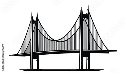 Silhouette of a suspension bridge with two towers and cables