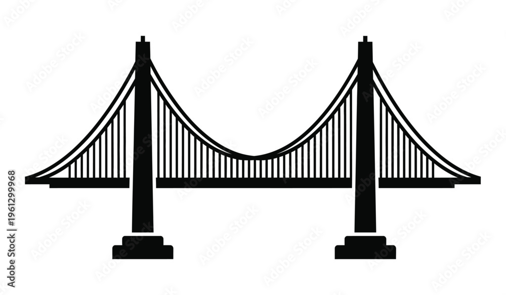 Fototapeta premium Silhouette of a suspension bridge with two towers and cables