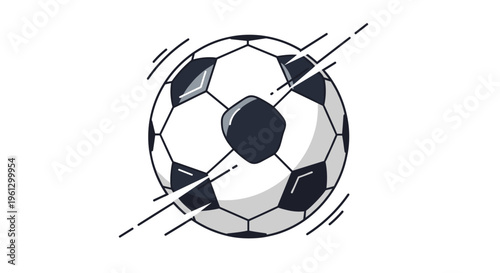 Soccer ball in motion illustration depicts a classic black and white football with speed lines to represent a fast kick or shot.