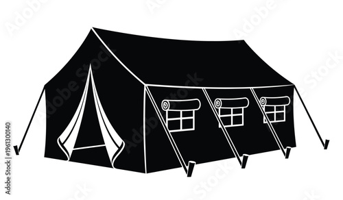 Black silhouette of a large outdoor event tent with windows and poles