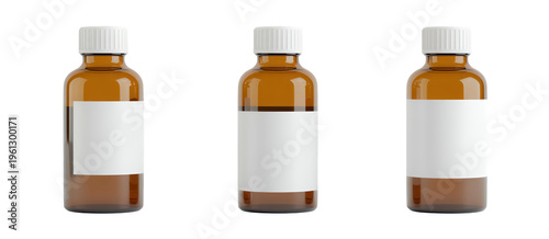 Three amber glass bottles with white labels and ribbed caps isolated on a transparent background