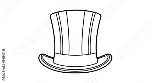 Top hat line drawing features a classic formal headwear piece with a band and brim in a simple black and white graphic style.