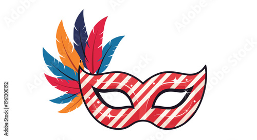 Masquerade mask illustration displays a red and white striped eye mask decorated with colorful feathers in orange, red, and blue.
