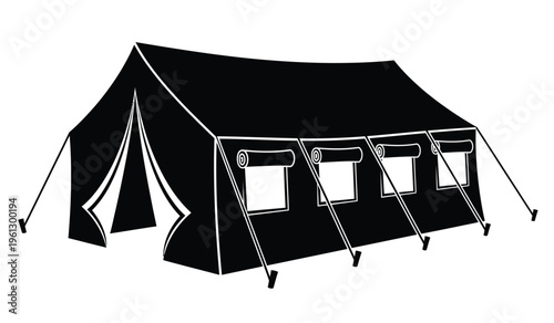 Silhouette of a large black tent with windows and poles