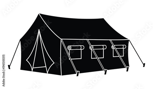 Black silhouette of a large outdoor event tent with windows and poles