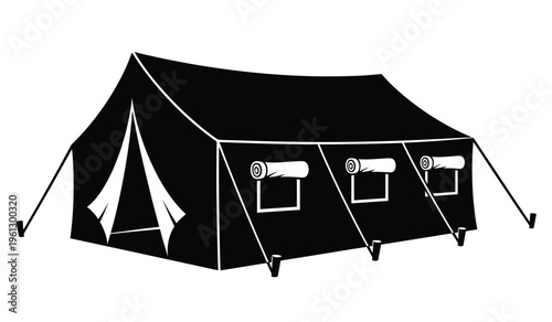 Black silhouette of a large outdoor event tent with windows and poles