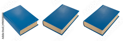 Three blue books with beige pages isolated on a transparent background
