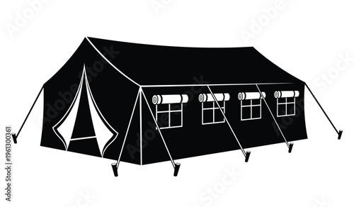 Black tent silhouette with windows and door outdoor shelter