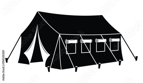 Black tent silhouette with white background and three windows