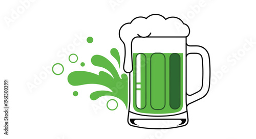 Glass mug of frothy green beer with liquid splashes and bubbles for Saint Patricks Day celebration on a plain white background.