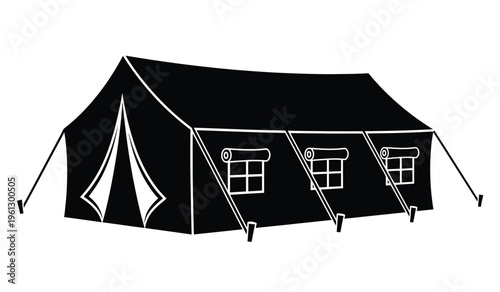 Black silhouette of a large tent with windows and poles