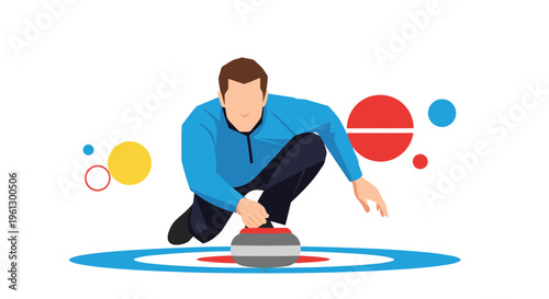 Professional athlete playing curling on ice rink delivering a stone during winter sports competition in a minimalist style.