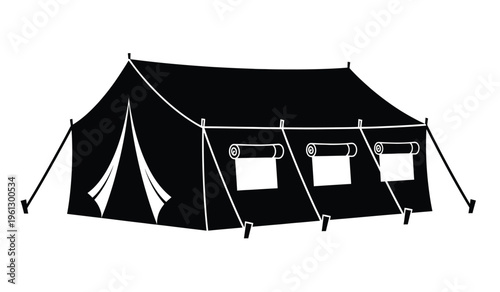 Black tent silhouette with windows and poles outdoor shelter