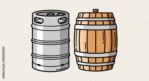 Comparison of a modern stainless steel beer keg and a traditional wooden oak barrel for storage of wine or ale products.
