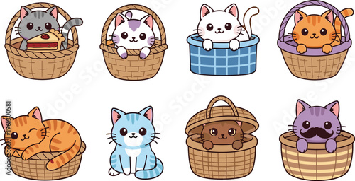 Cute Cats in Baskets Illustration Set with Various Cat Breeds, Colors, and Playful Poses for Animal and Pet Designs