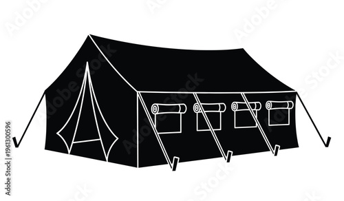 Silhouette of a large black tent with windows and poles