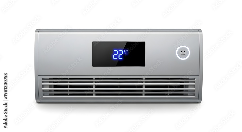 Fototapeta premium High-end matte silver wall-mounted fan heater combo unit featuring modern design and glowing LED display captured in premium isolated composition