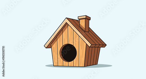 Small wooden house structure with a circular entrance hole suitable for a pet dog or birds on a light blue background.
