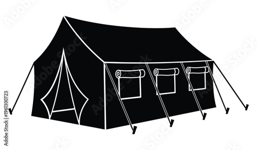Silhouette of a large black tent with windows and door