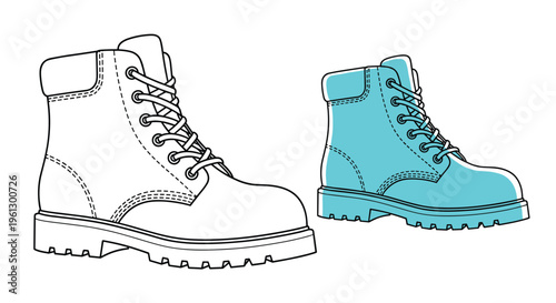 Heavy duty work boots illustration showing a detailed line art version and a blue silhouette for industrial safety or fashion.