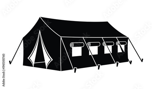 Silhouette of a large black tent with windows and door