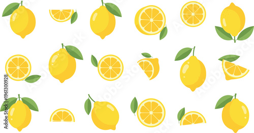 Lemon Fruit Vector Set Featuring Fresh Whole and Sliced Lemons with Leaves for Illustrations, Food, and Culinary Designs