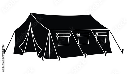 Silhouette of a large black tent with windows and poles