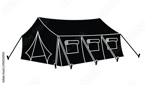 Black silhouette of a large outdoor event tent with windows and poles