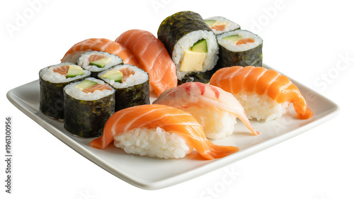 Assorted sushi and maki rolls on a white plate salmon isolated on a transparent background