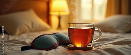 Steaming mug of herbal tea with sleep mask on coaster in warm light, cozy bedtime ritual and wind-down routine. Evening Tea Ritual