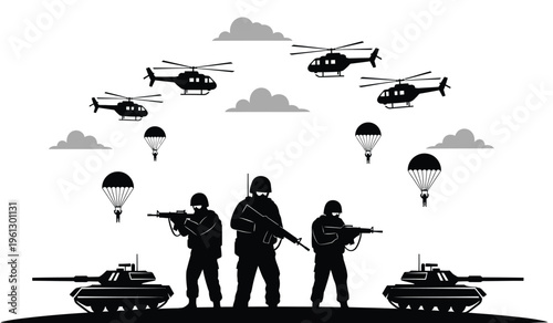 Military operation silhouette helicopters tanks and soldiers in action