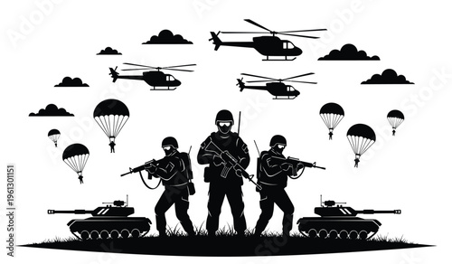 Military silhouette scene with soldiers helicopters tanks and parachutes in a combat zone