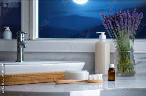 Bathroom counter with toothbrush, face cream and lavender oil in moonlight, serene nightly routine and personal care