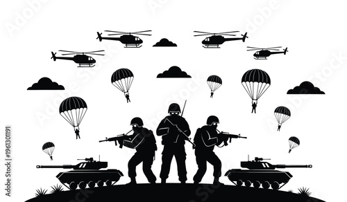 Military operation silhouette soldiers helicopters and paratroopers in action