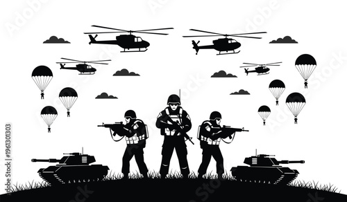Military operation silhouette soldiers helicopters tanks and parachutes in action