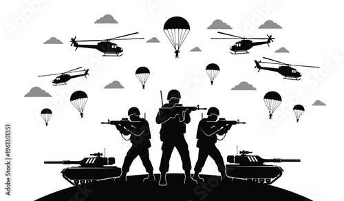 Military operation silhouette soldiers helicopters and parachutes in action