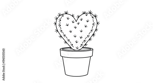 Heart shaped prickly pear cactus in a small flower pot shown as a simple black and white line art illustration for coloring.