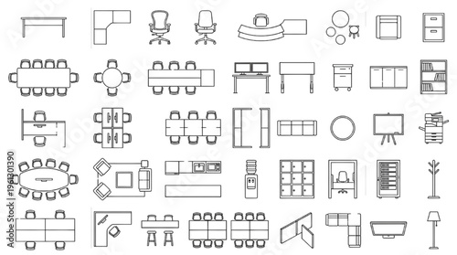Office & Workspace Furniture Top View Icon Set – Desks, Chairs, Meeting Table, Conference Room, Cubicles, Reception, Co-Working Space, CAD Vector Symbols