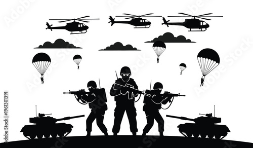Military silhouette scene with soldiers helicopters parachutes and tanks in a combat setting
